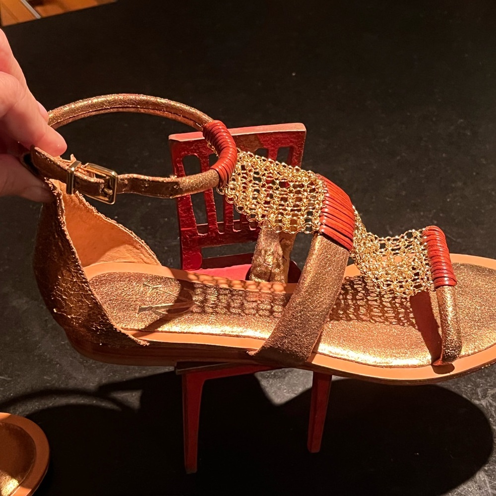 Vince Camuto brown and gold chain mesh sandals